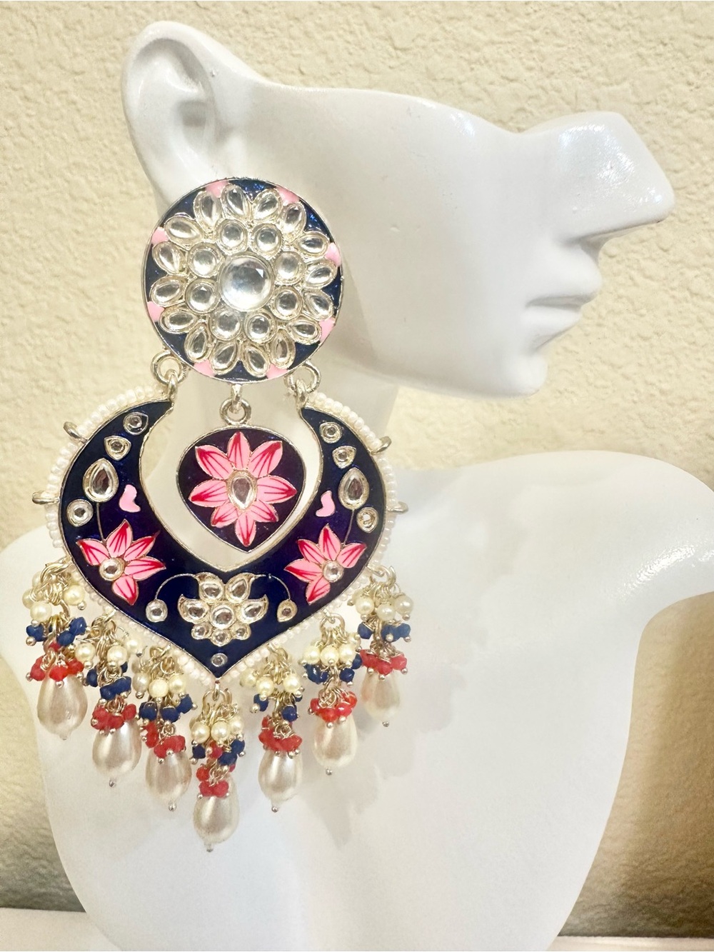 4.25” Gold Plated Navy & Pink Enamel Floral Kundan Chandbali Earrings
